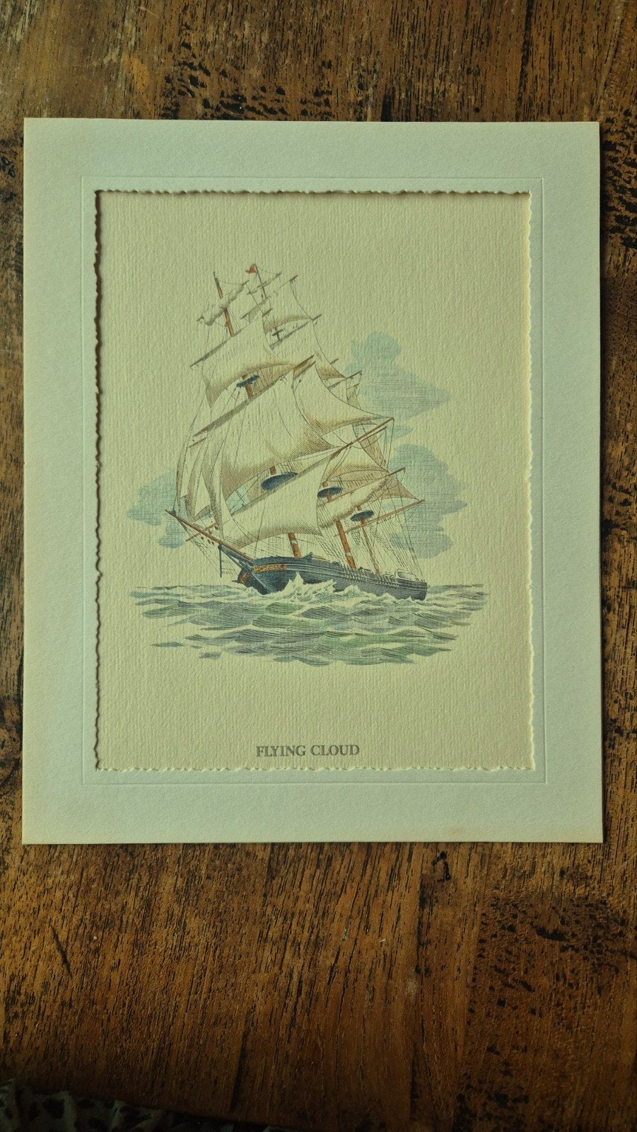 Antieke prent van zeilschip 'Flying Cloud', Antiek en Kunst, Dagelijks leven, 1800 - 1899, Met passe-partout, Ophalen of Verzenden