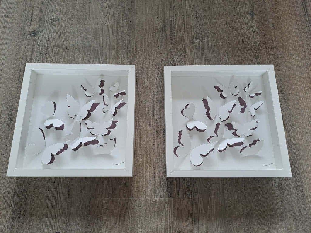 2 schilderijtjes vlinders, Ophalen, Minder dan 50 cm, Zo goed als nieuw, Schilderij