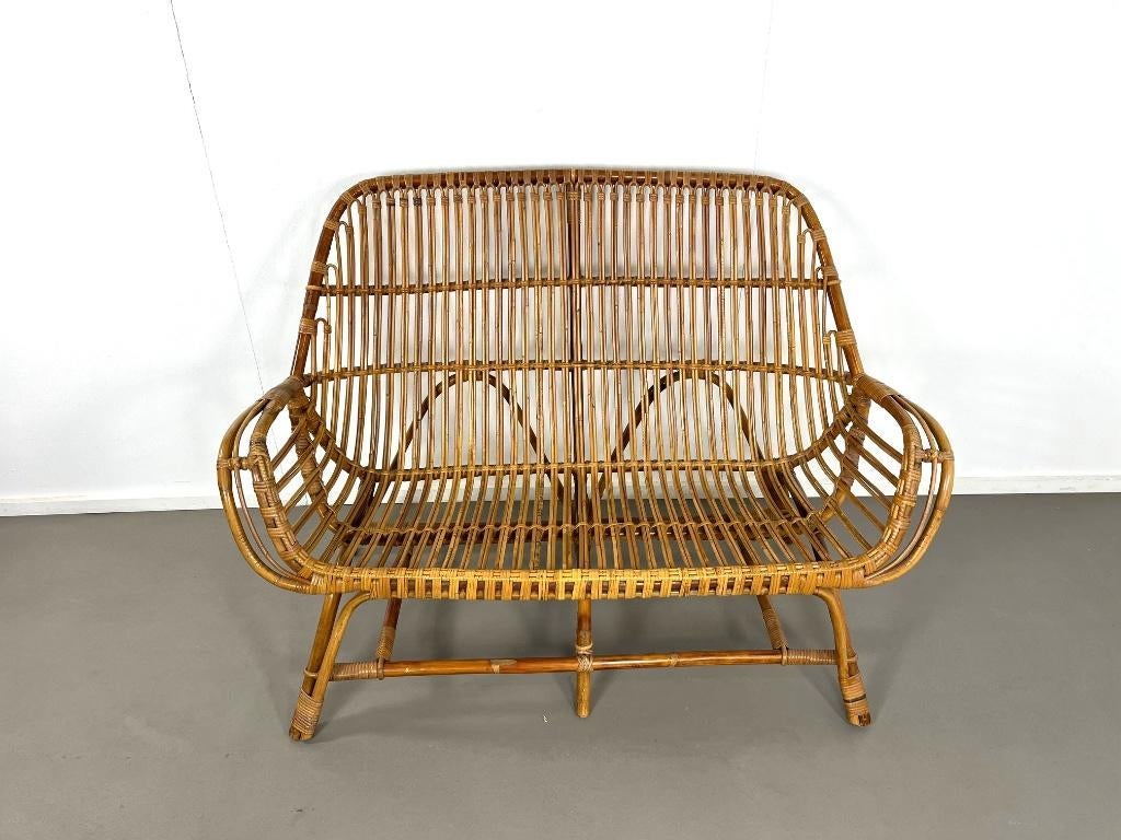 Mid-century rotan/bamboe bankje van Rohé Noordwolde jaren 60, Ophalen