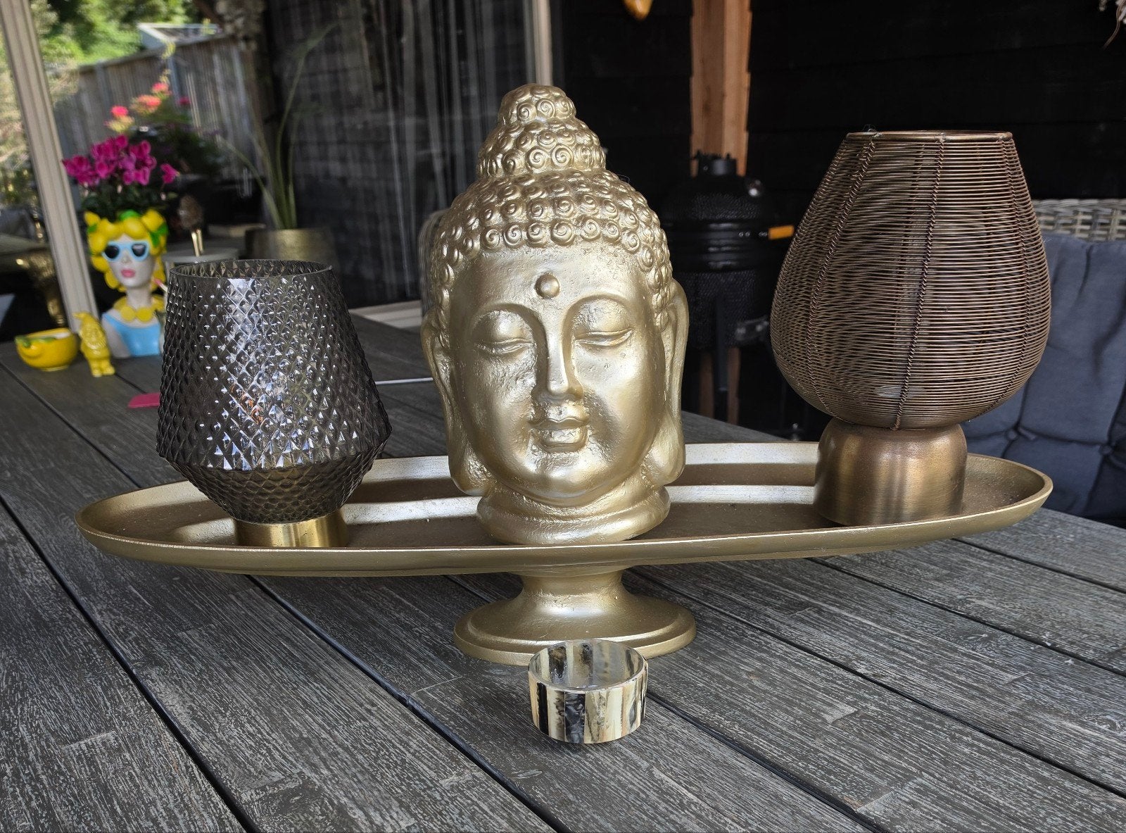 mooi dienblad met windlichten en buddha, Tuin en Terras, Waterpartijen en Fonteinen, Ophalen of Verzenden, Gebruikt