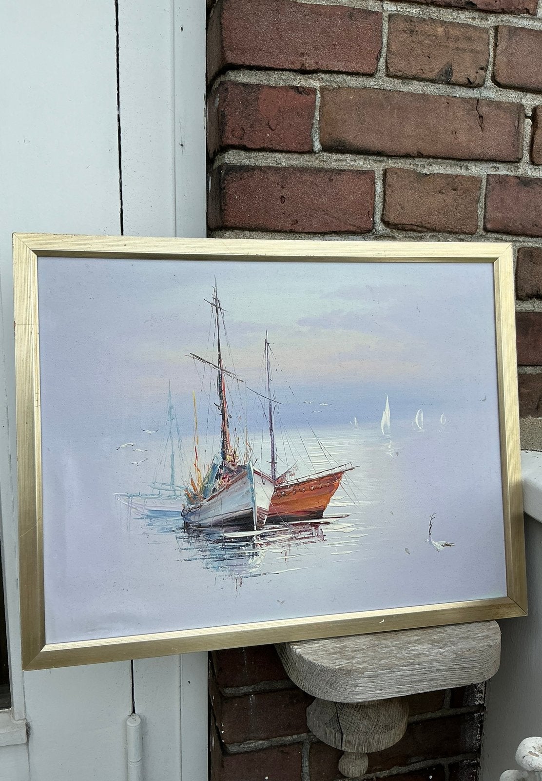 Licht blauw /lila schilderij + bootjes. Soort vouw in canvas, Ophalen of Verzenden