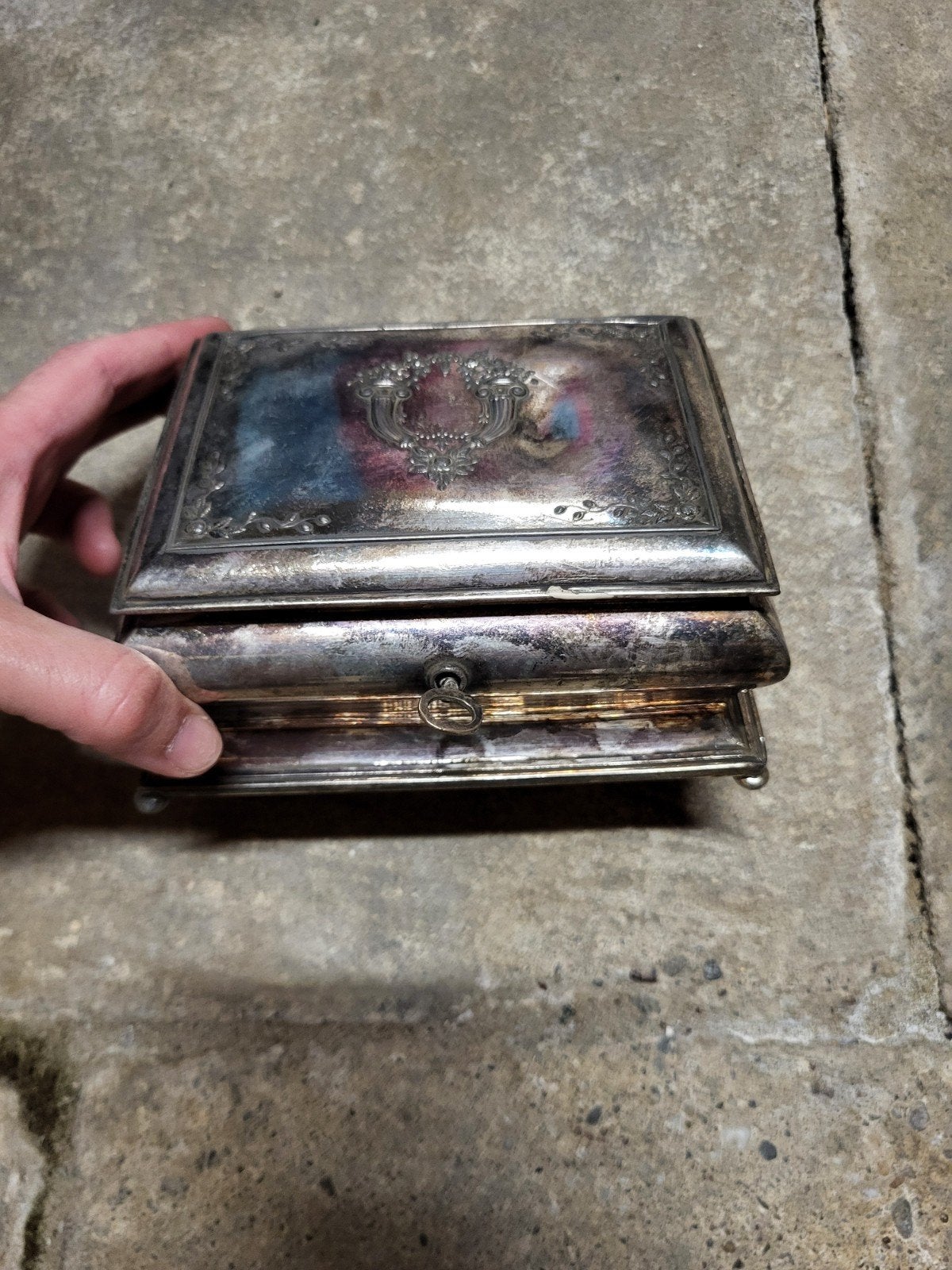 Antieke verzilverde juwelendoos met fluwelen interieur, Ophalen of Verzenden