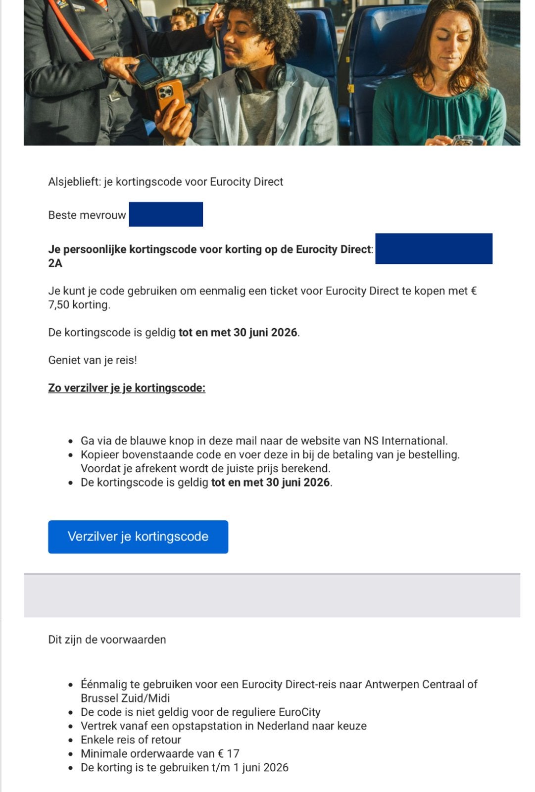 NS kortingscode eurocity direct €7,50 korting, Eén persoon, Trein, Buitenland, Kortingskaartje