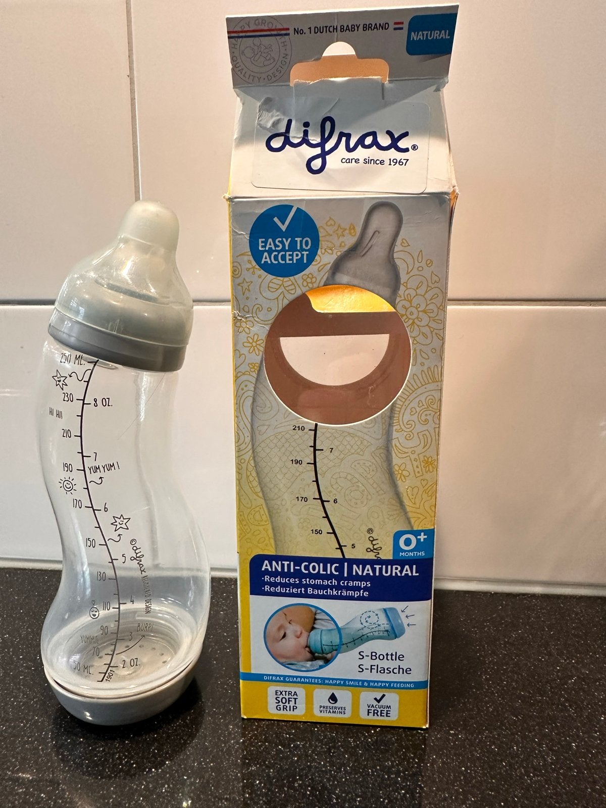 Difrax S-fles 250 ml - Anti-koliek babyfles, Difrax, Gebruikt, Ophalen of Verzenden, Babyfles