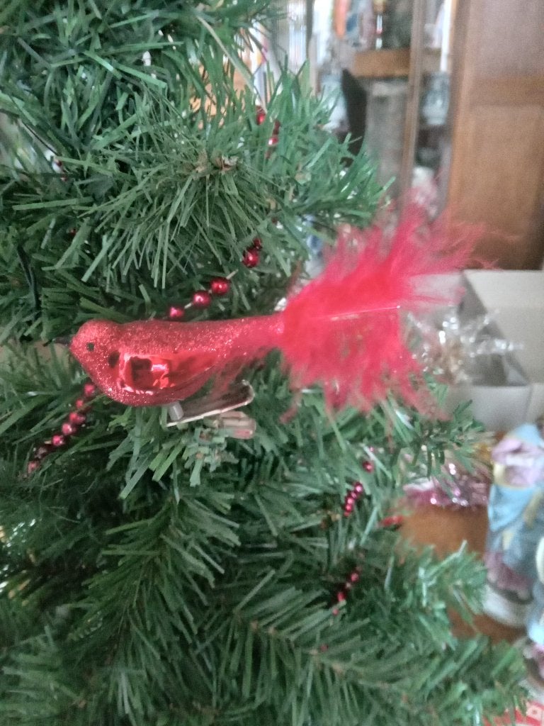 niet zo oude glazen kerstballen model rode vogels verenstaar, Ophalen of Verzenden, Gebruikt