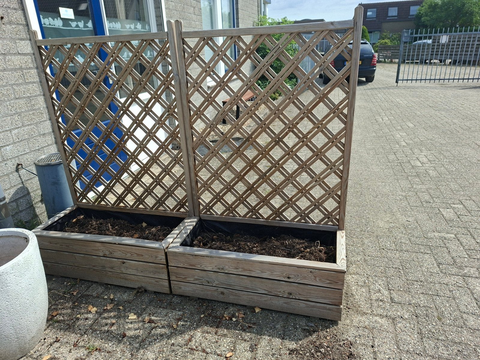 2 Houten Bloembakken met Klimrek - 140x90x40 cm, Tuin en Terras, Ophalen, Gebruikt, Minder dan 30 cm, Rond