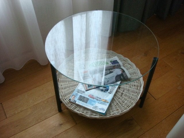 Glazen salontafel met rieten mand, Ophalen, Gebruikt, 50 tot 100 cm, Modern, Bohemian