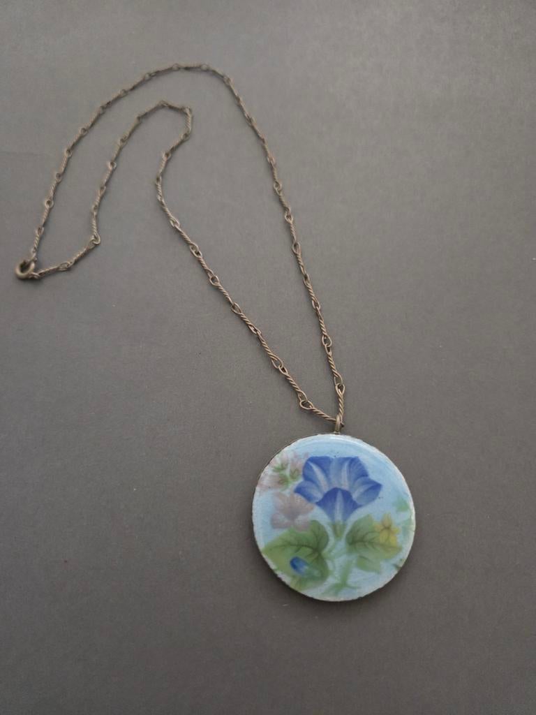 vintage emaille ketting michel le brun france, Verzenden, Zo goed als nieuw, Zilver, Overige materialen