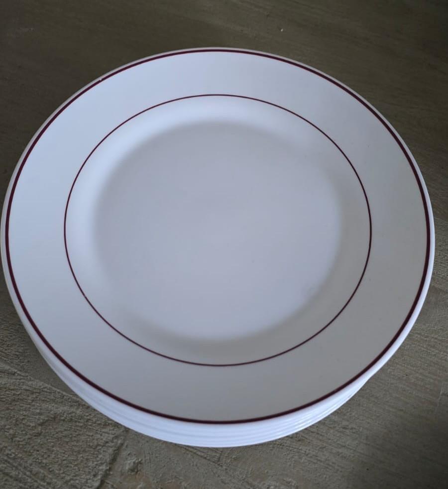 Arcopal Bord Arc Wit/Bordeaux 25cm 8 stuks en 3 soepkommen, Ophalen, Glas, Overige stijlen, Bord(en)
