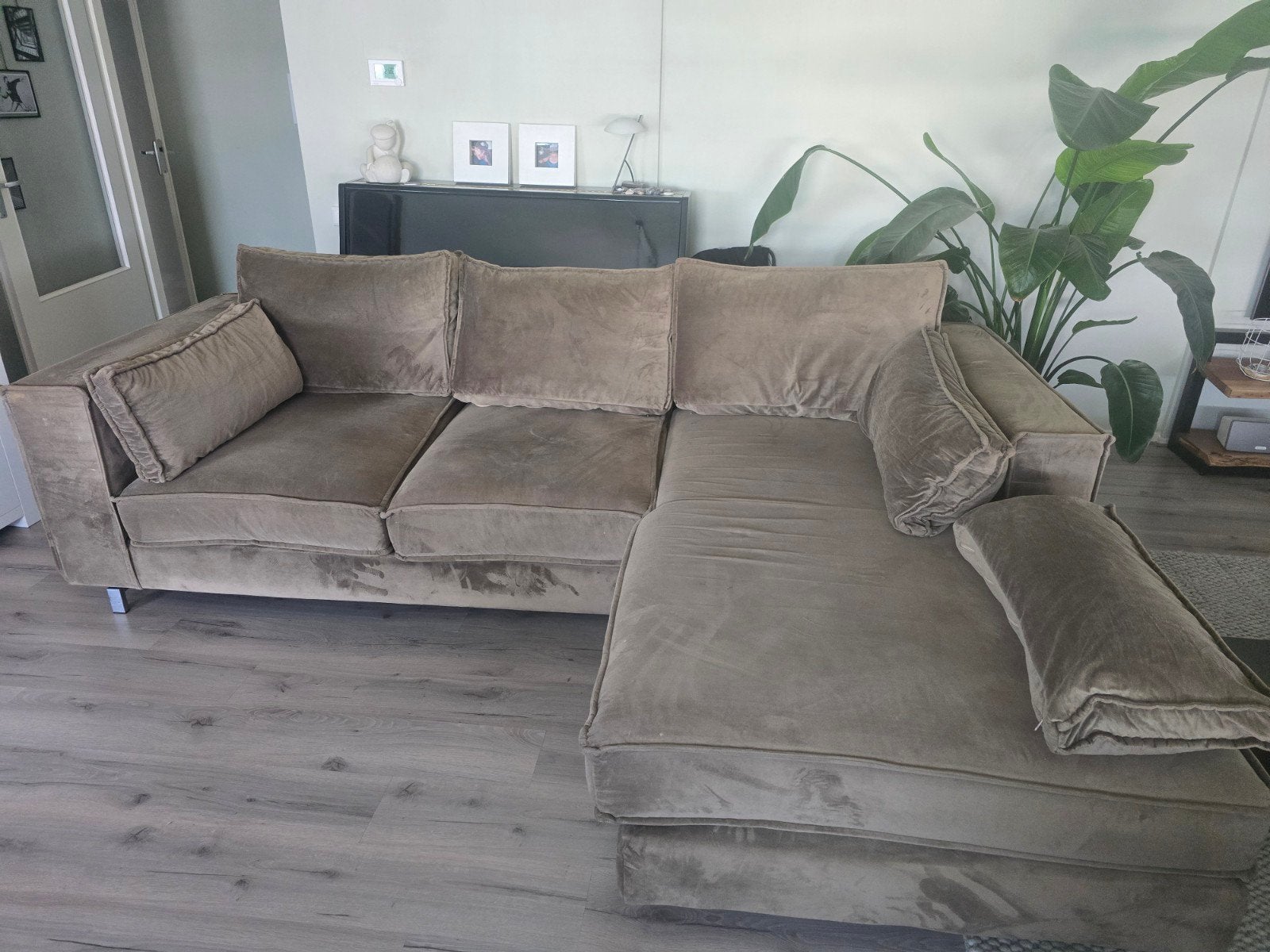 Taupekleurige loungebank, Ophalen, Gebruikt, Stof