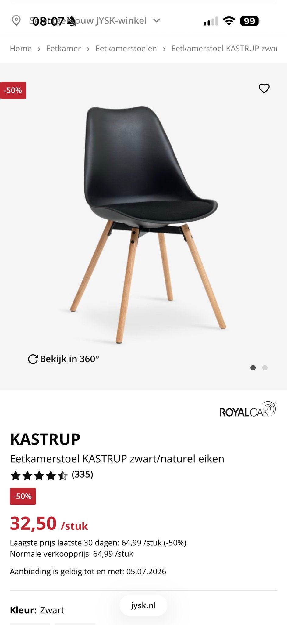 JYSK Eetkamerstoel, Ophalen, Zwart, Zo goed als nieuw, Vier