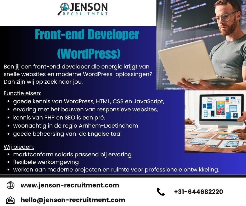 Programista frontend Developer in WordPress, Vacatures, Vacatures | Netwerk Marketing, MBO, Vanaf 1 jaar, Vast contract, 33 - 40 uur