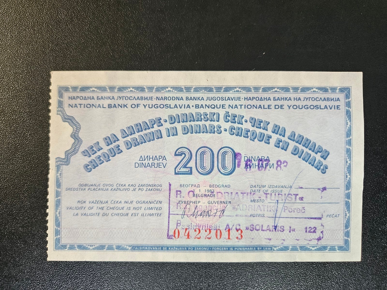 Joegoslavië cheque in 200 dinars 1983, Ophalen of Verzenden, Joegoslavië, Los biljet