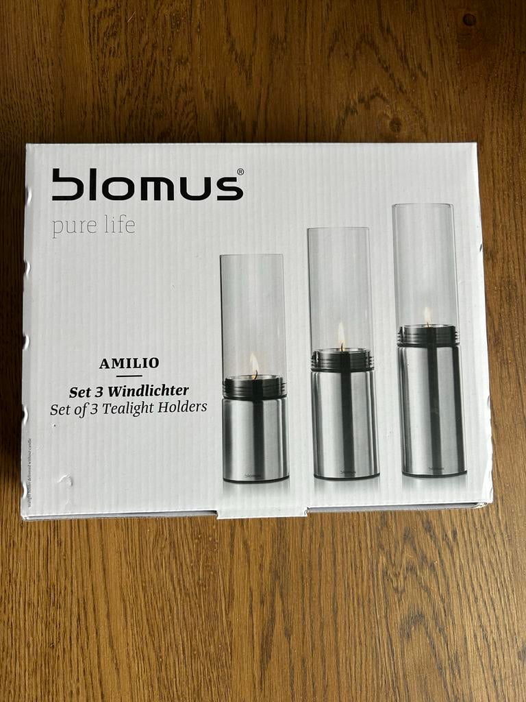 Blomus set van 3 windlichten NIEUW, Huis en Inrichting, Woonaccessoires | Kandelaars en Kaarsen, Ophalen, Nieuw, Metaal, Grijs