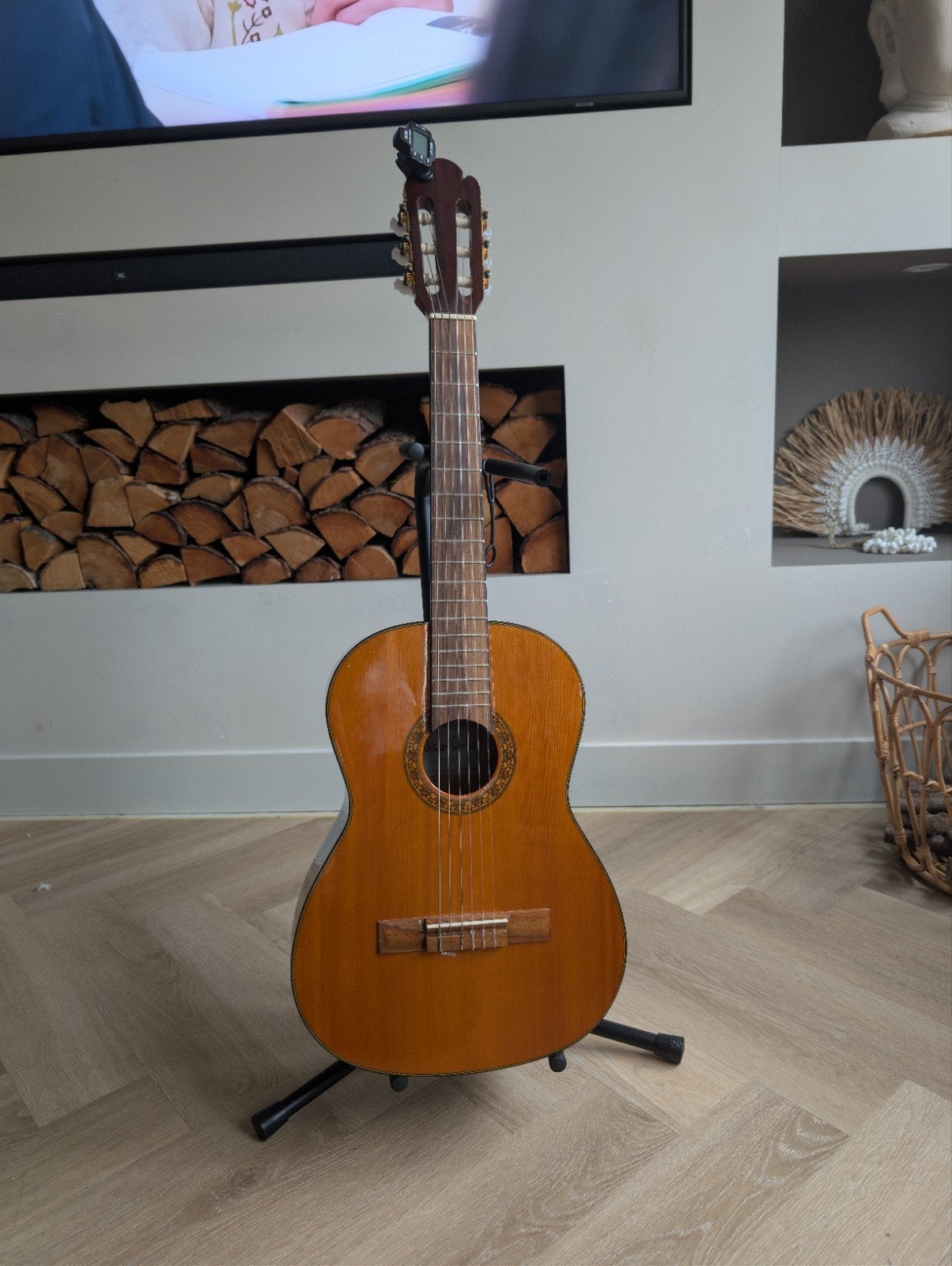 Kleine Spaanse gitaar met standaard en tas, Ophalen, Gebruikt, Klassieke of Spaanse gitaar, Met koffer