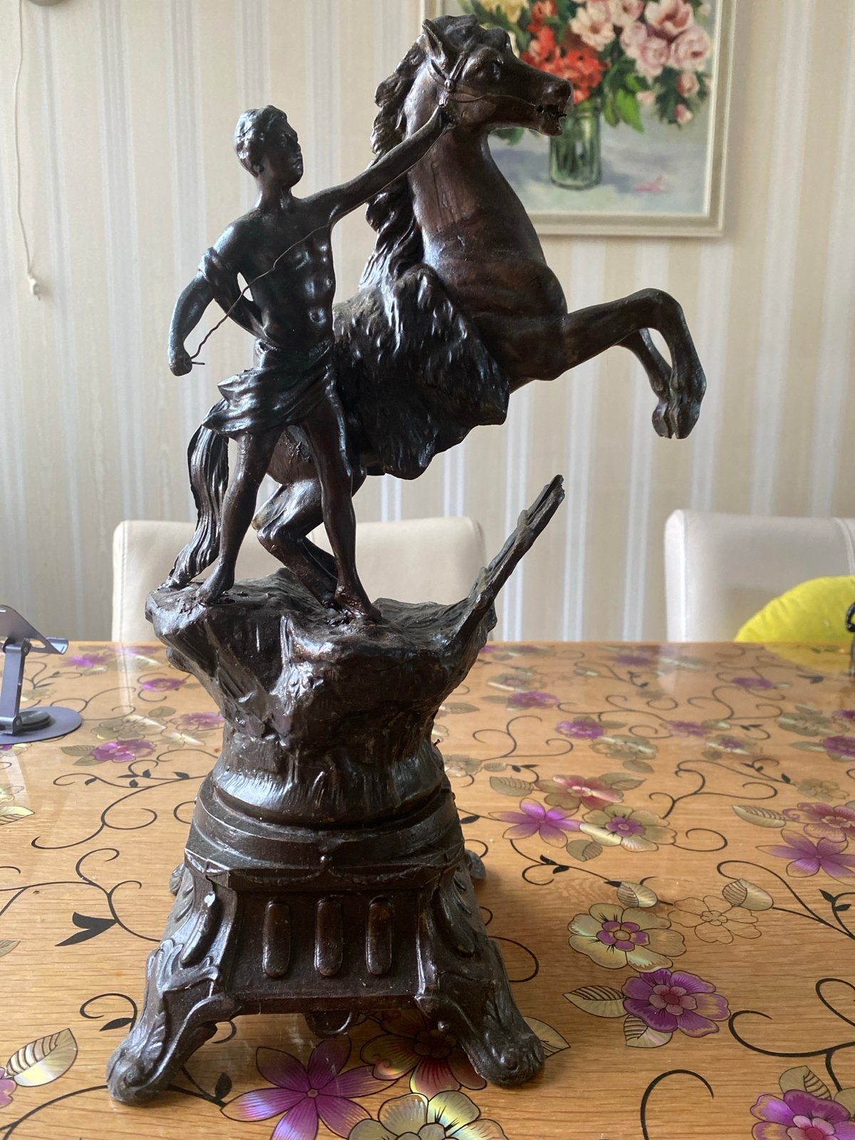 Antiek bronzen beeld: Man met steigerend paard, Overige onderwerpen, Ophalen of Verzenden, 20 - 50 cm, Beeld