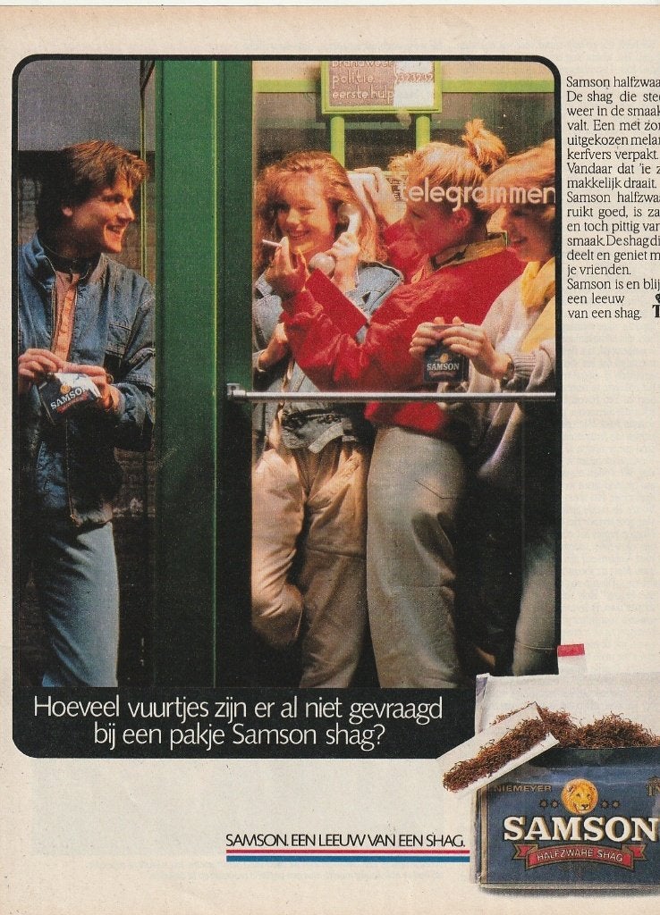 retro reclame 1985 Samson shag tieners PTT telefooncel, Verzenden, Overige typen