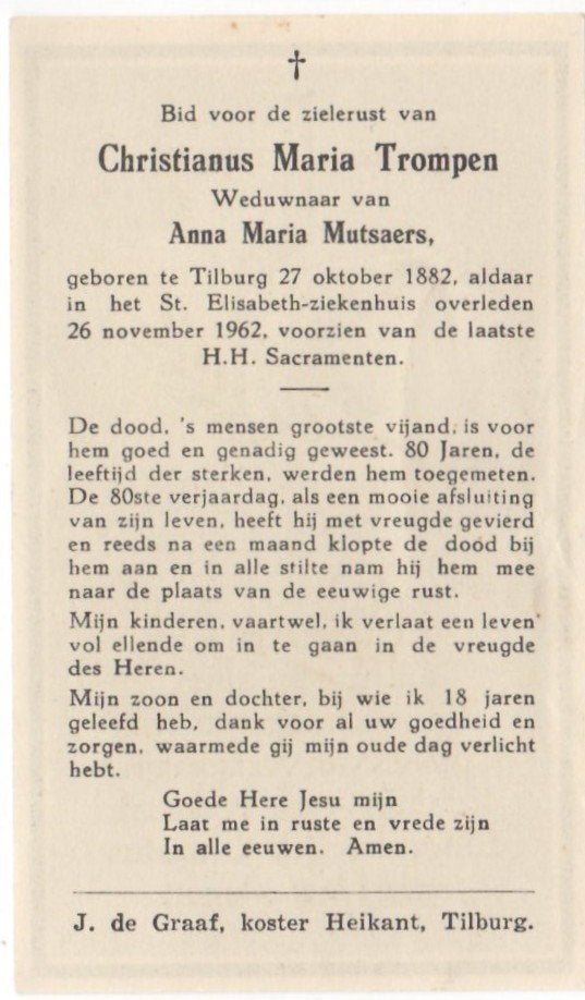 Christianus Trompen 1882 Tilburg + 1962 Tilburg, 79 jaar oud, Verzenden