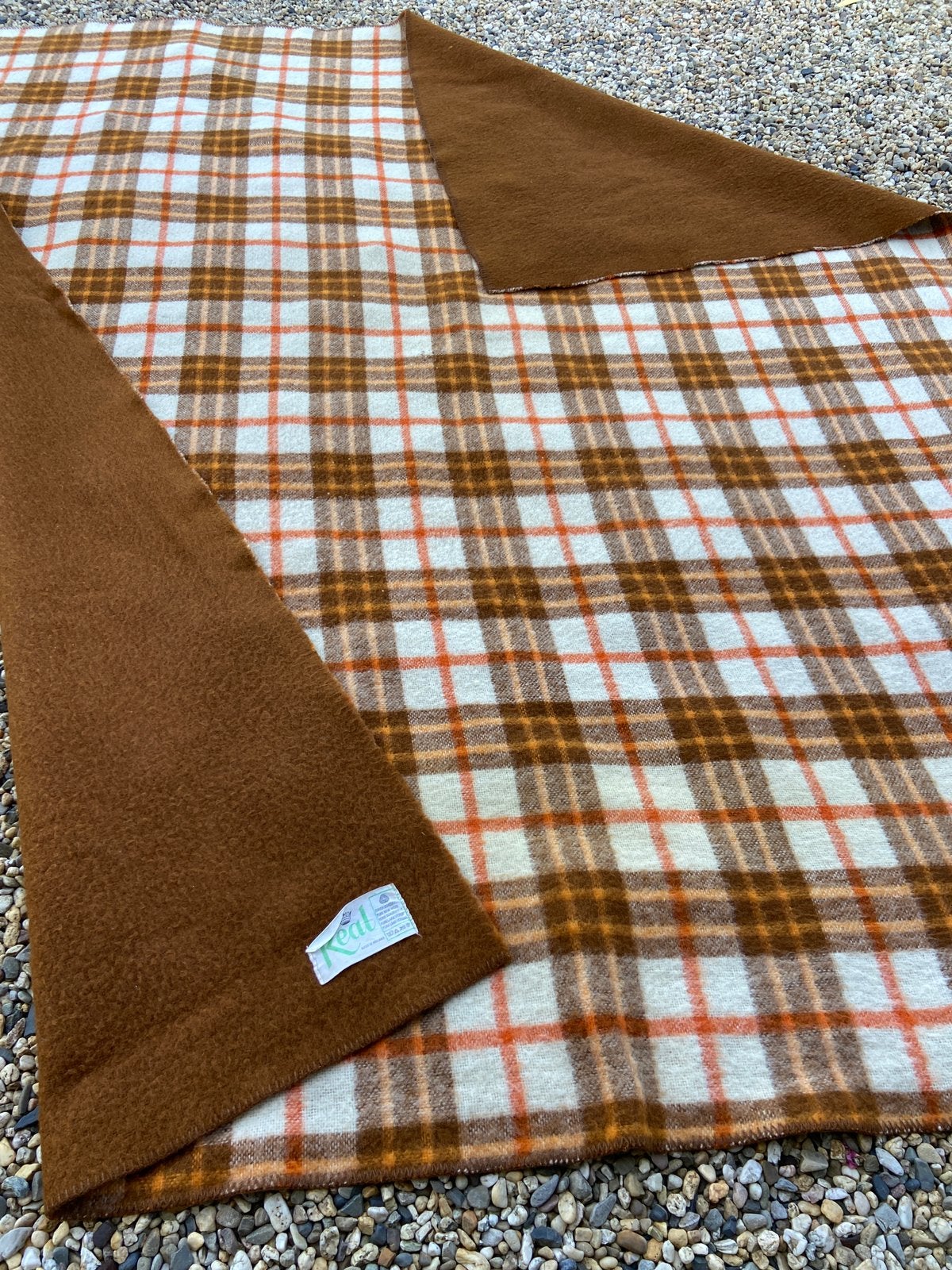 Grote vintage wollen deken 290x235 bruin oranje ruit retro, Ophalen of Verzenden