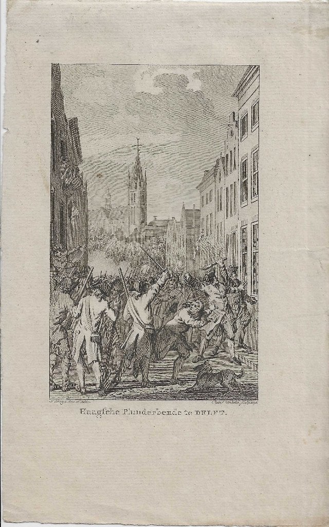 Haagsche Plunderbende te DELFT Kopergravure  Vinkeles 1796, Ophalen of Verzenden, 15 cm, 9 cm, 1700 - 1799