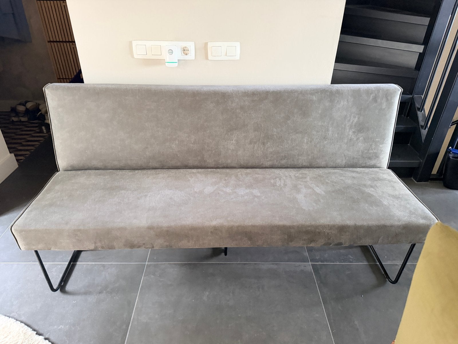 Elegante leren eetbank met 3 bouclé stoelen - Grijs, Ophalen, Minder dan 75 cm, 150 tot 200 cm, Driepersoons