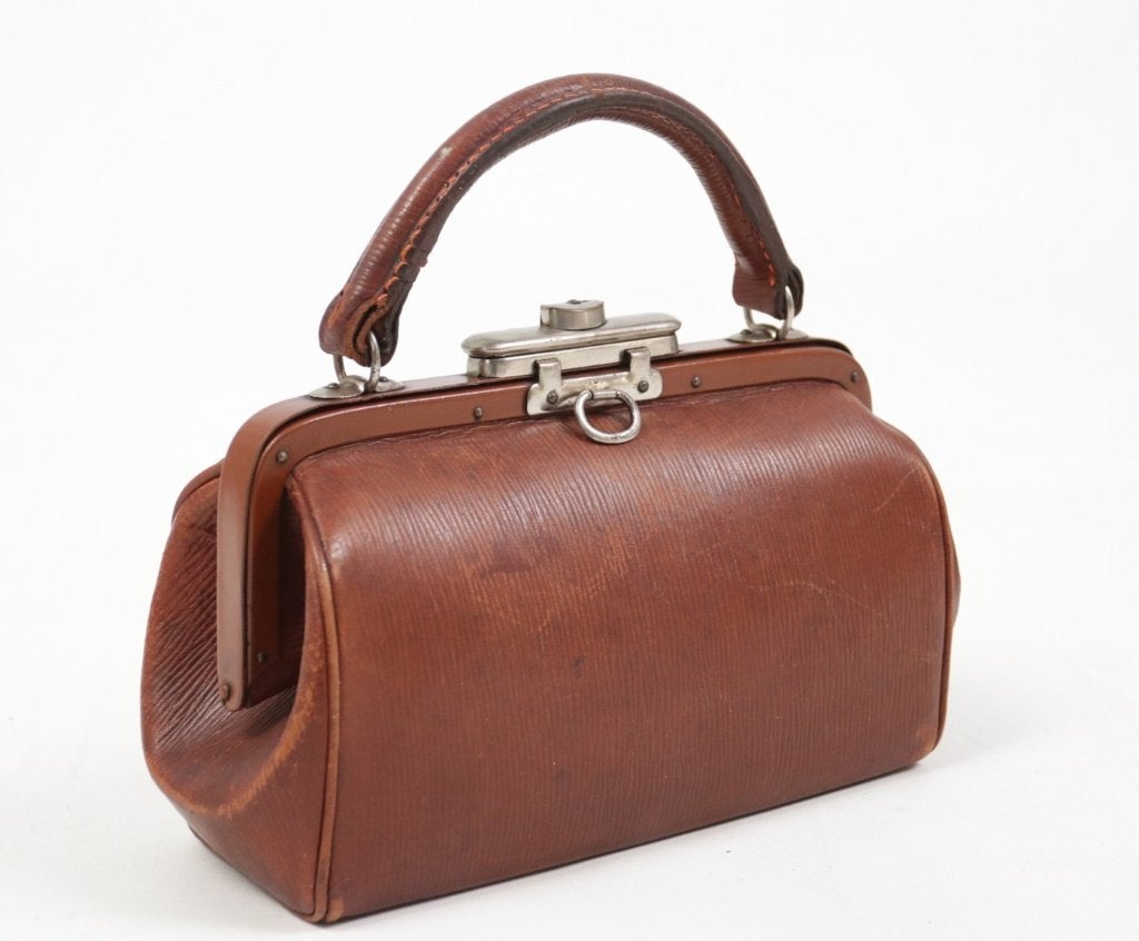 Art deco handtas bruin geribbeld leer - circa 1920, Ophalen, Gebruikt, Bruin, Handtas