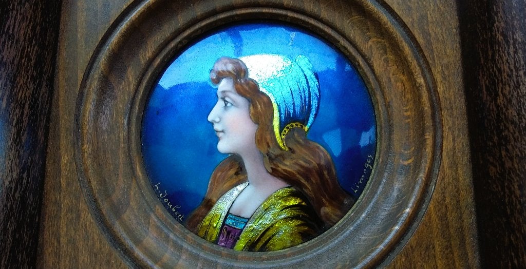 Omstreeks1900 EMAILLE OP KOPER Schilderij Limoges Dame Vrouw, Ophalen of Verzenden