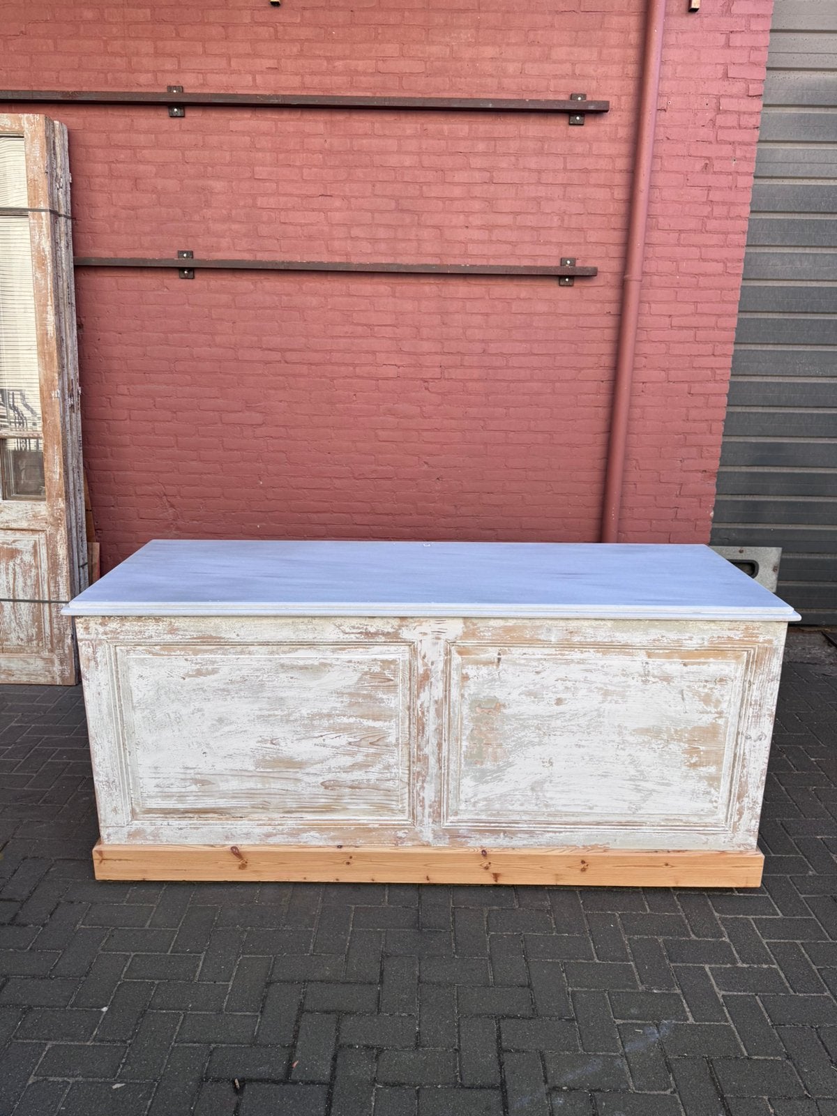 Keukenblok met witte patina en wit marmeren blad, Ophalen of Verzenden, Zo goed als nieuw, Wit, Hout