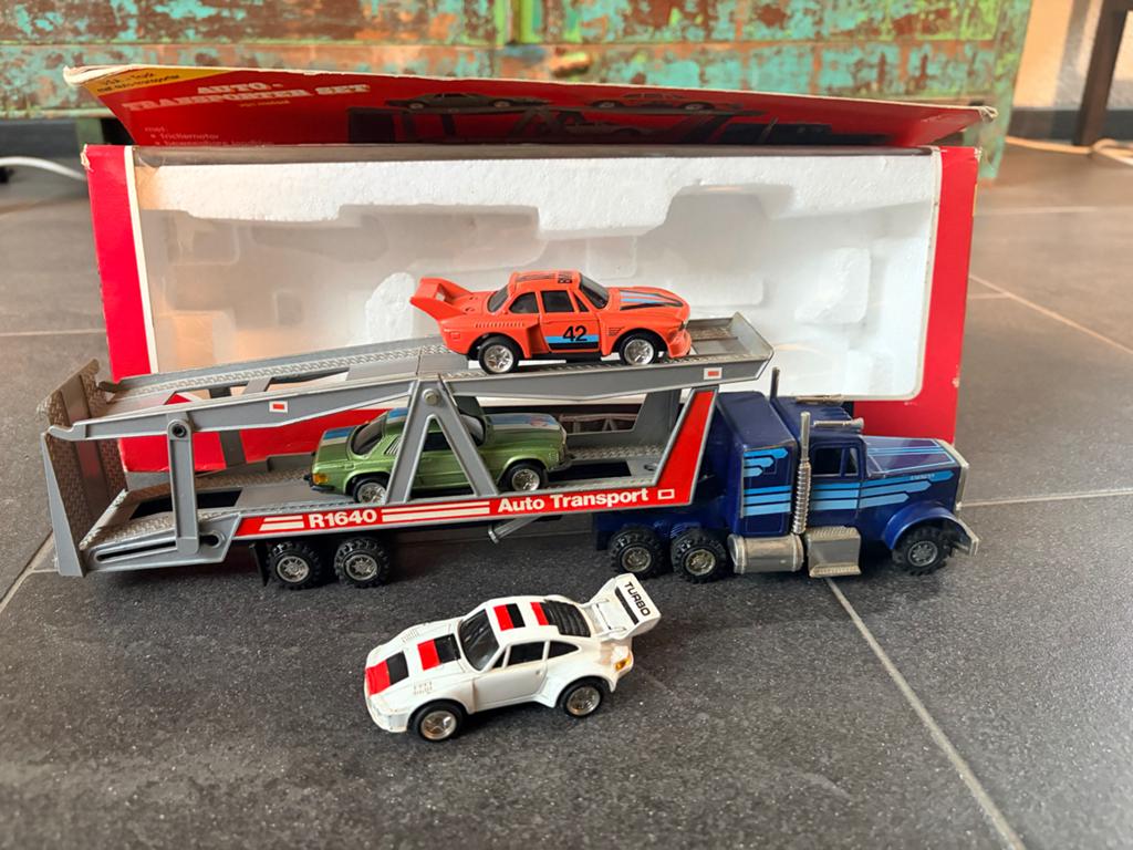 Vintage Auto Transporter Set met 3 Auto's - Speelgoed, Kinderen en Baby's, Speelgoed | Speelgoedvoertuigen, Gebruikt, Ophalen of Verzenden