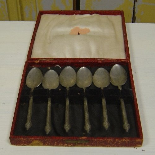 Thee lepel lepels 6 stuks tin in cassette Engeland origineel, Ophalen of Verzenden