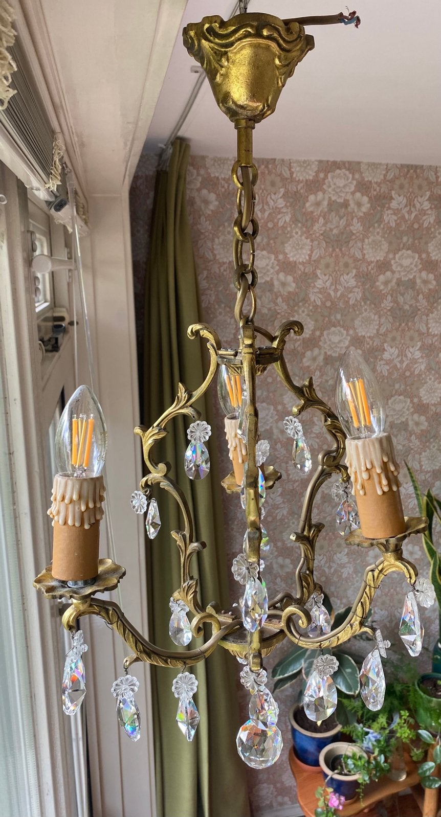 Antiek kroonluchter messing hanglamp, Ophalen of Verzenden, Gebruikt, Glas