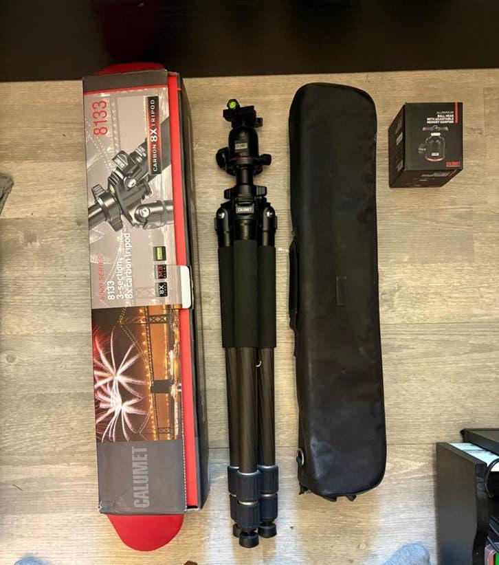 Calumet 8133 Carbon 8X Statief met Balhoofd en Tas, Gebruikt, 150 tot 175 cm, Met balhoofd, Ophalen of Verzenden