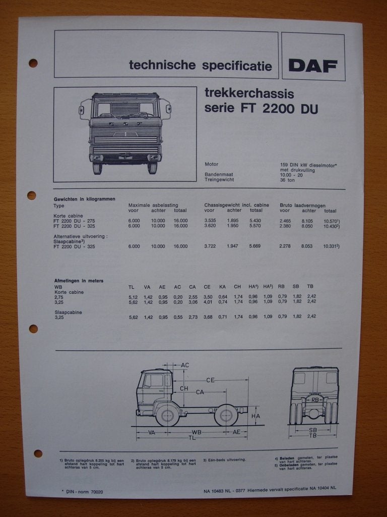 DAF FT 2200 DU Technische Specificatie folder 1977 - 4x2, Ophalen of Verzenden, Zo goed als nieuw, Overige merken, DAF