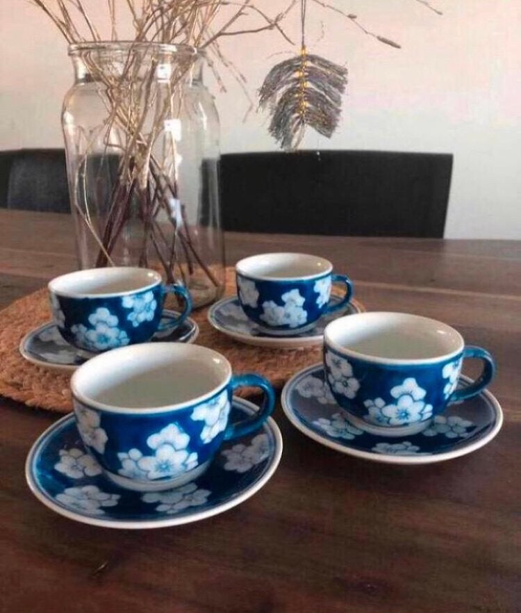 4x Vintage BLOEMEN kop schotel blauw wit - €7,50 p.st, Ophalen of Verzenden, Zo goed als nieuw, Overige stijlen, Kop(pen) en/of Schotel(s)