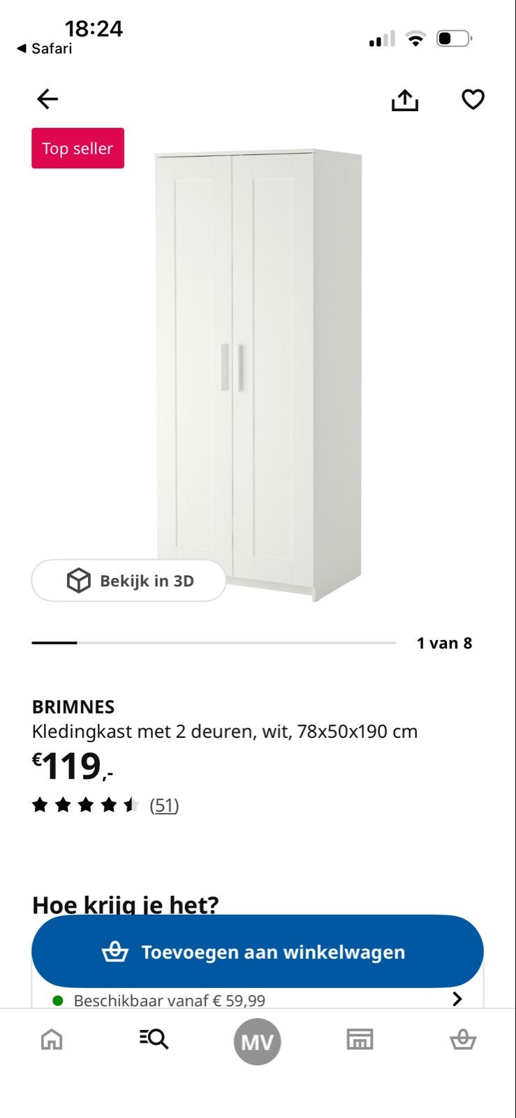 IKEA BRIMNES Kledingkast wit - 78x50x190 cm, Ophalen, Gebruikt, 50 tot 100 cm, 150 tot 200 cm