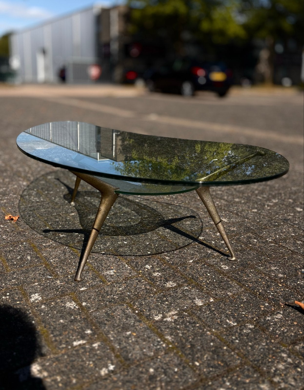 Vintage Bontempi Italiaanse Biomorfe Glazen Salontafel, Gebruikt, 100 tot 150 cm, Glas, Overige vormen