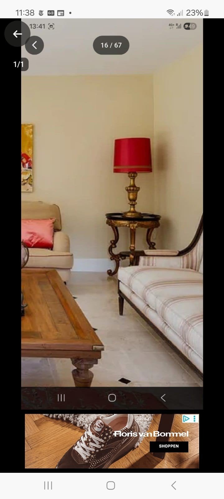Klassieke schemerlamp hout met rode kap, Gebruikt, Klassiek, Hout, Minder dan 100 cm