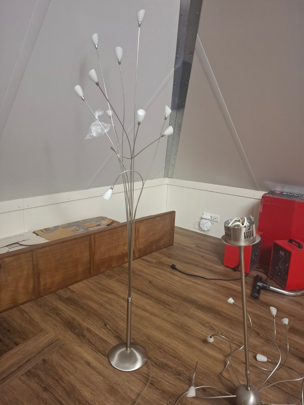 Set van 3 lampen: 1 dimbare staande lamp, 2 hanglampen, Huis en Inrichting, Gebruikt, Zilver, Dimbaar, Ophalen