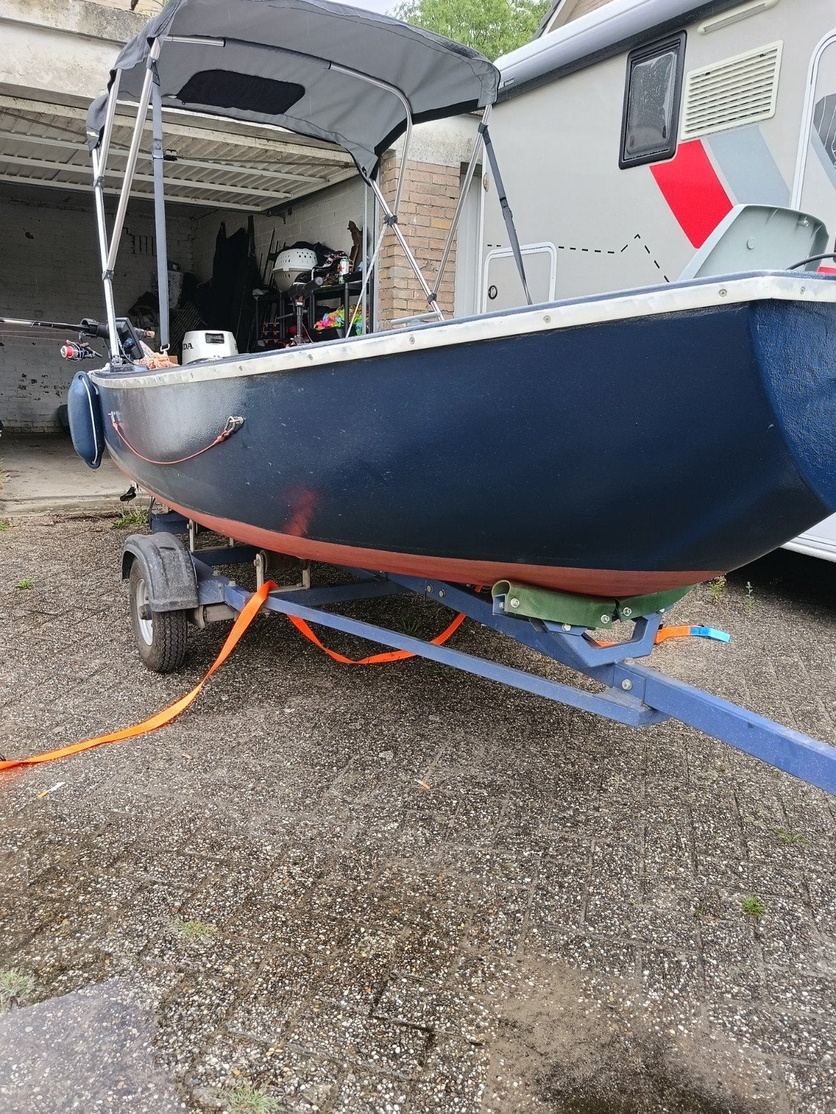 Stabiele visboot met Honda 6pk buitenboordmotor en trailer, Ophalen, Overige merken, Gebruikt, Tot 10 pk