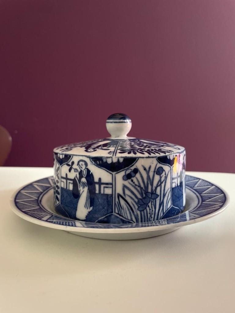 Antiek botervaatje / butter keeper - blauw‑wit - ca. 1890, Gebruikt, Overige typen, Ophalen of Verzenden, Overige stijlen