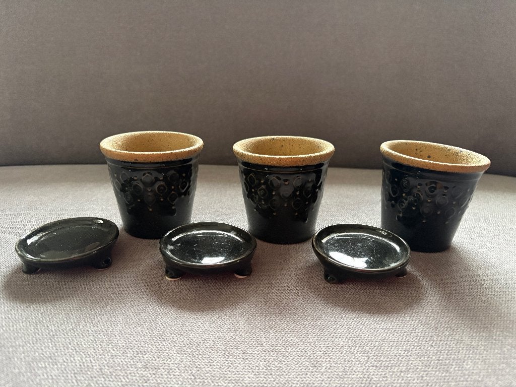 Drie bloempotjes met onderzetter Intratuin, Rond, Ophalen of Verzenden, Zo goed als nieuw, Aardewerk