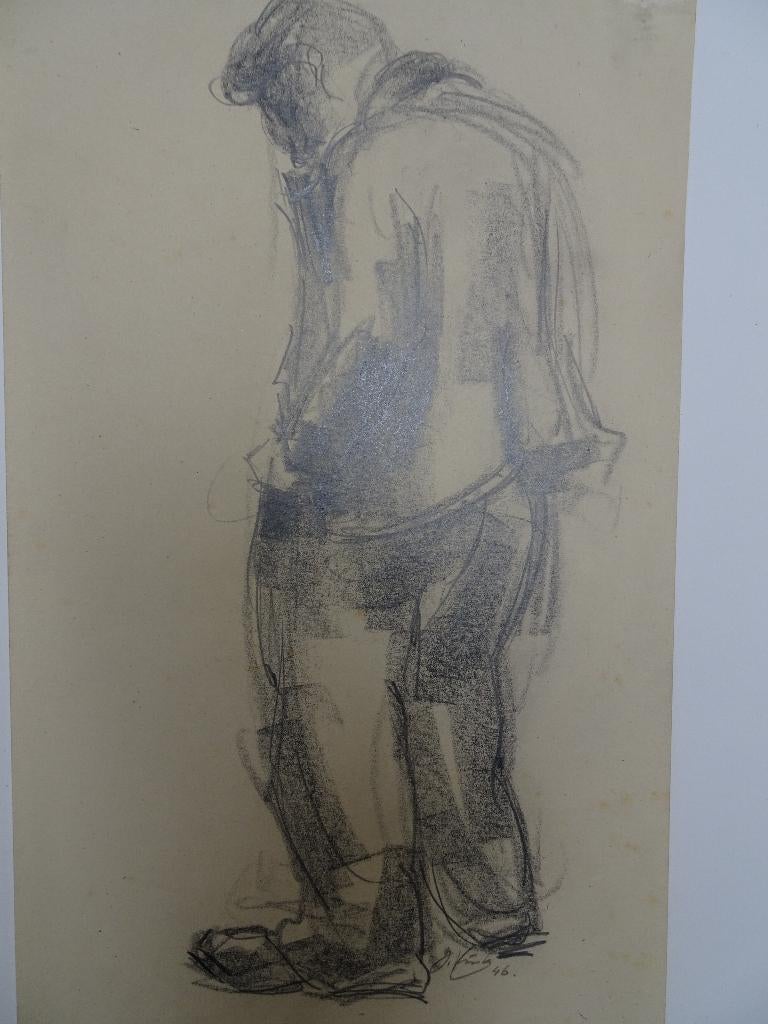 Tekening gebogen man met handen in de zakken, Jan Vink 1946, Verzenden