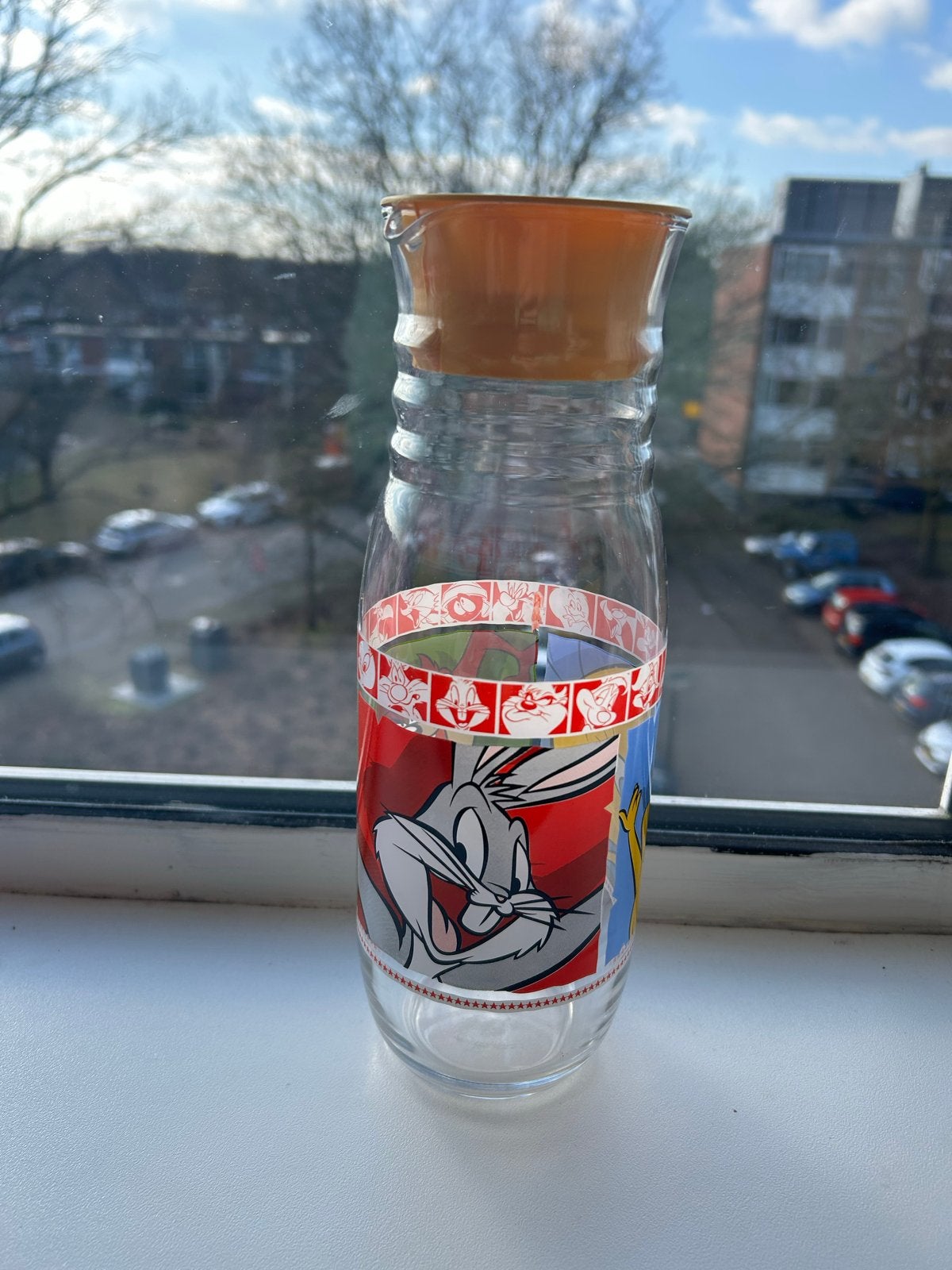 Looney Tunes glazen waterkan met deksel, Huis en Inrichting, Gebruikt, Meerkleurig, Met deksel, Ophalen of Verzenden
