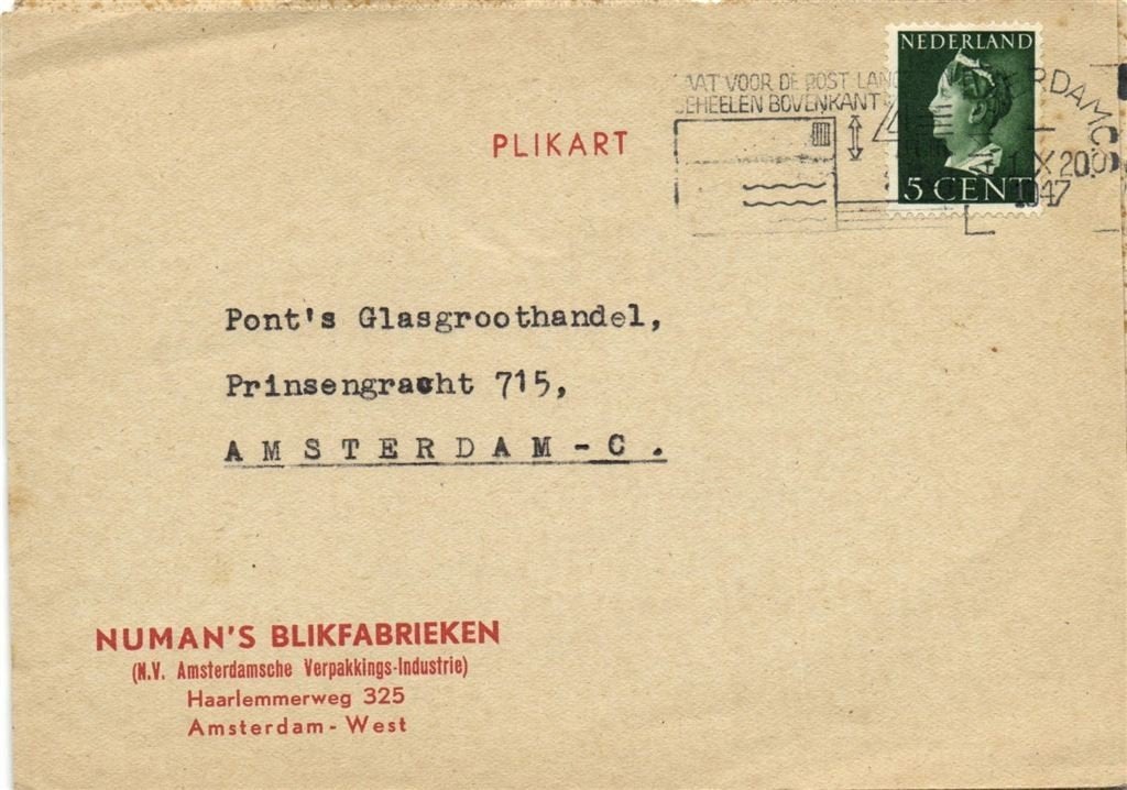 Numan Blikfabrieken, Amsterdam-West - 09.1947 - plikart, Ophalen of Verzenden, Briefkaart