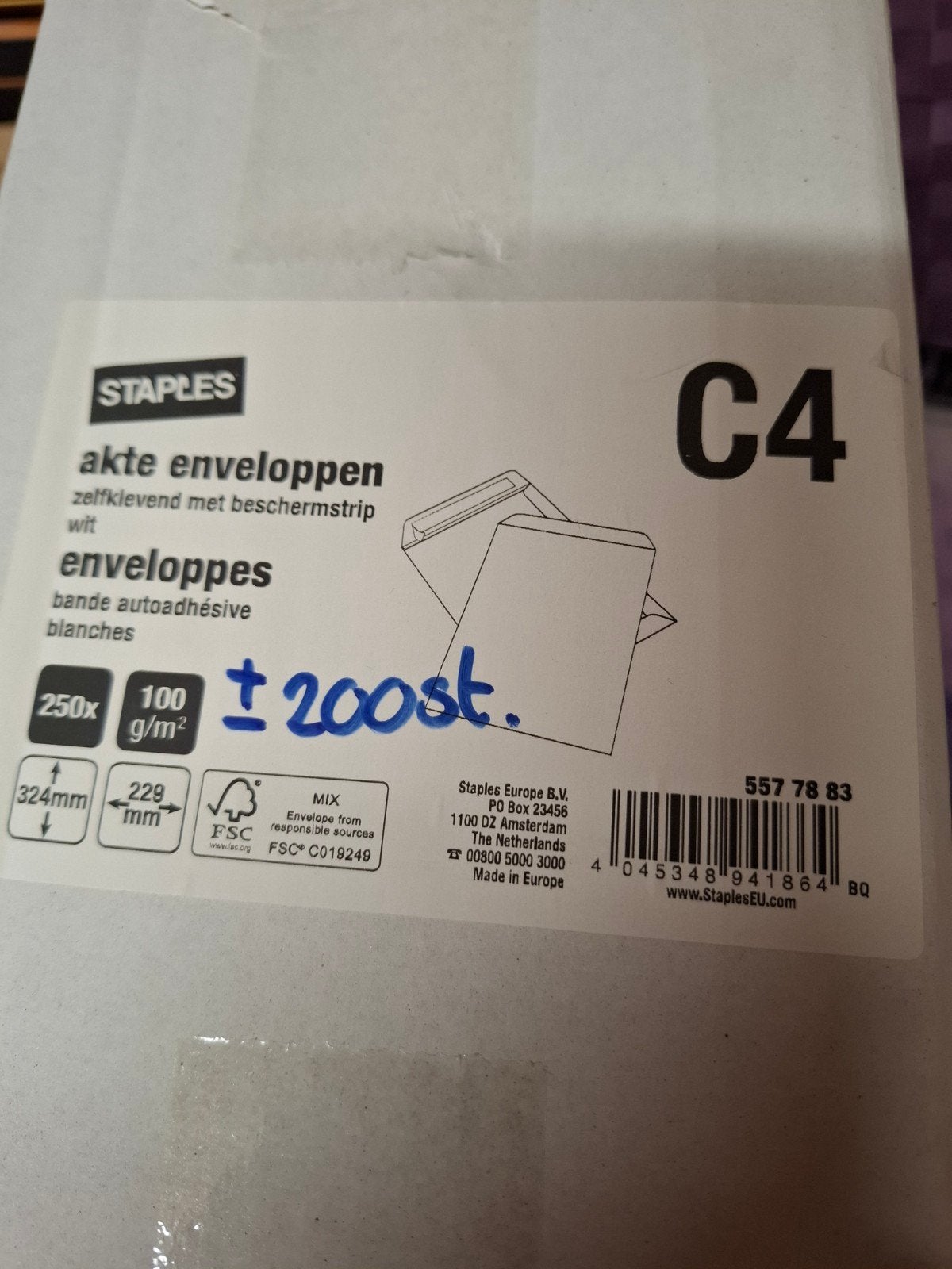Staples C4 Akte Enveloppen Zelfklevend Wit - ca. 200 stuks, Ophalen of Verzenden