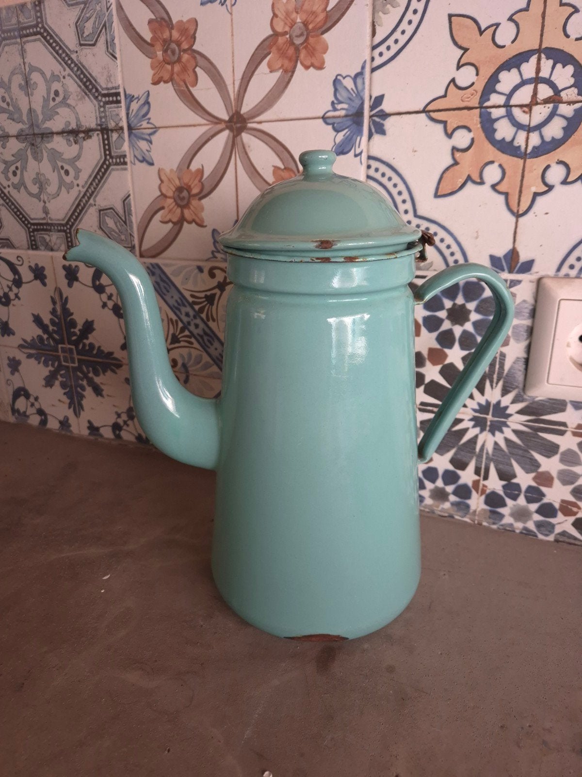 Emaille turquoise koffiekan., Ophalen of Verzenden