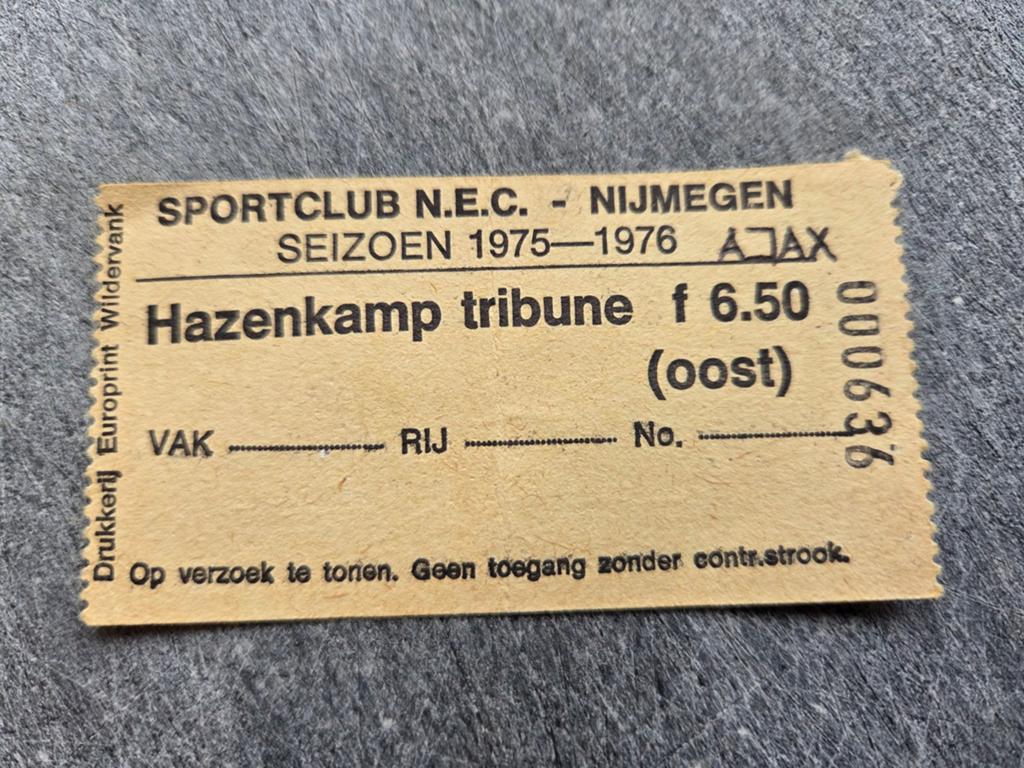 toegangsbewijs N.E.C. - Ajax 1975-1976, Ophalen of Verzenden, Gebruikt, Ajax