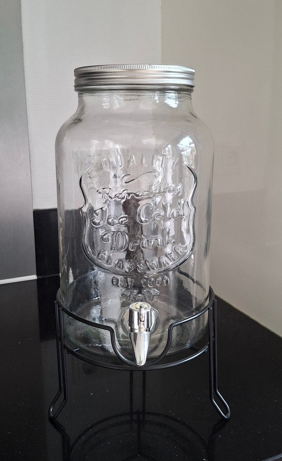 Glazen drankdispenser met tapkraan en standaard, Ophalen, Zo goed als nieuw