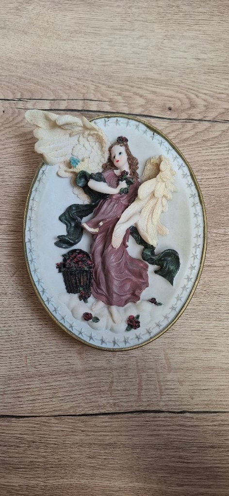 Wandplaquette Engel met Rozen Reliëf Wandbord 19x14,5 cm, Ophalen of Verzenden