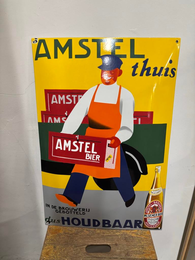 Vintage Amstel Bier Emaille Reclamebord - 'Amstel Thuis', Ophalen of Verzenden